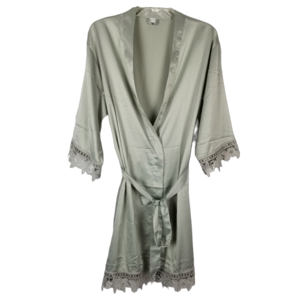 Wrap Tie Robe Womens One Size Open Lace Floral Belted Solid Green Half Sleeve